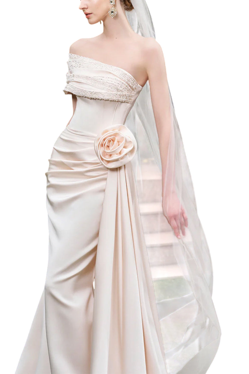 ASYMMETRICAL SHOULDER GOWN WITH DRAPPED DETAILS