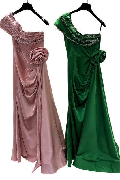 ASYMMETRICAL SHOULDER GOWN WITH DRAPPED DETAILS