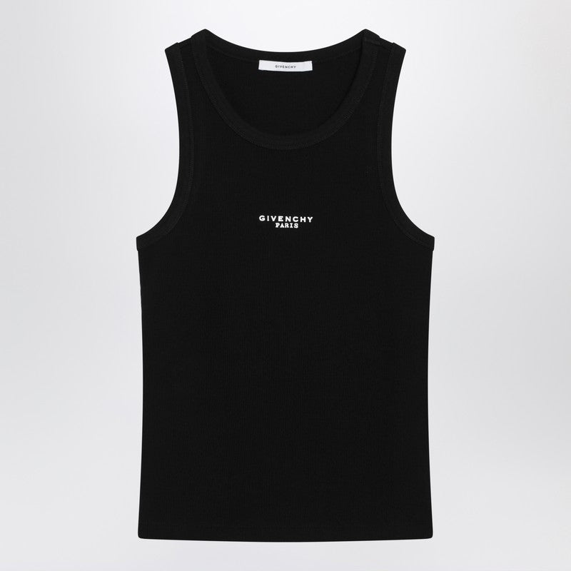 Black slim-cut tank top with logo