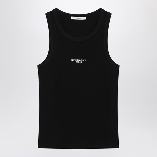 Black slim-cut tank top with logo