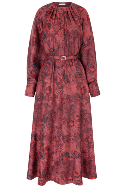 BAHITI DRESS IN RED ROSES ON MARBLE PRINT SILK TWILL