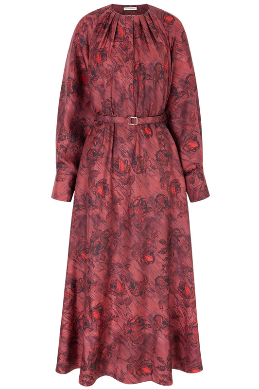 BAHITI DRESS IN RED ROSES ON MARBLE PRINT SILK TWILL