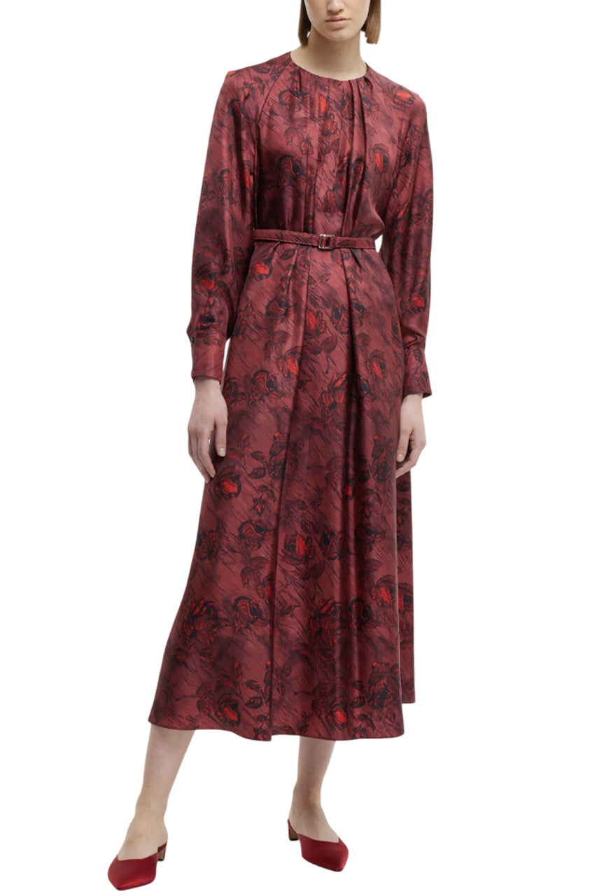 BAHITI DRESS IN RED ROSES ON MARBLE PRINT SILK TWILL