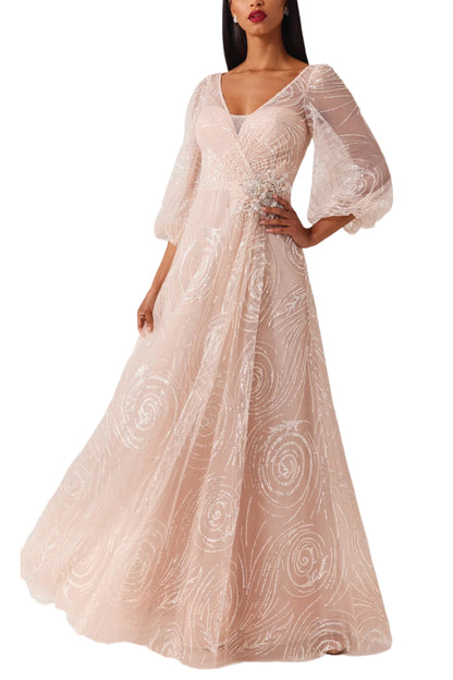 BEADED TULLE V NECK FULL SLEEVE GOWN