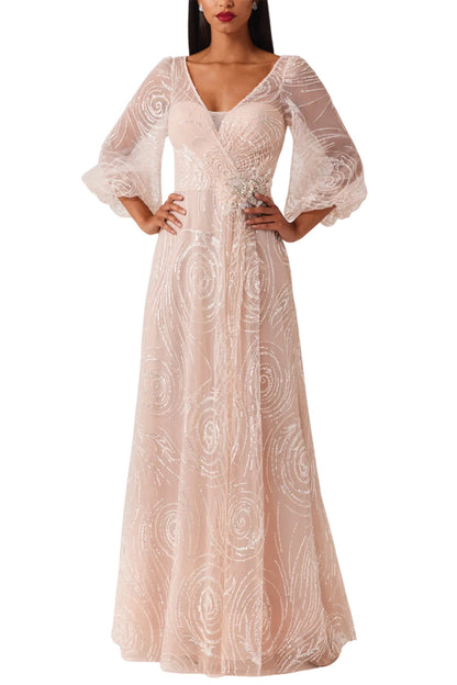 BEADED TULLE V NECK FULL SLEEVE GOWN