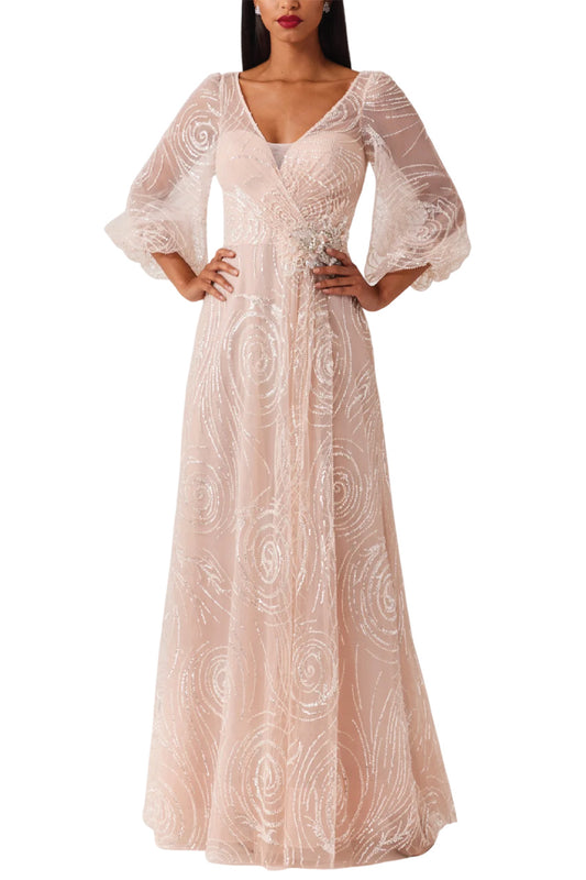 BEADED TULLE V NECK FULL SLEEVE GOWN