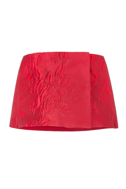 BIBIANA WRAP IN RED GRAPHIC ROSE JACQUARD