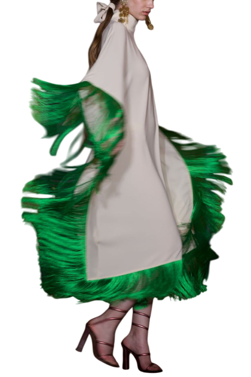 MAYA DRESS IN CREAM WITH GREEN TASSELS