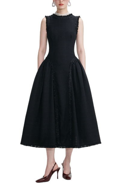 BLACK BOUCLE SLEEVELESS MIDI DRESS