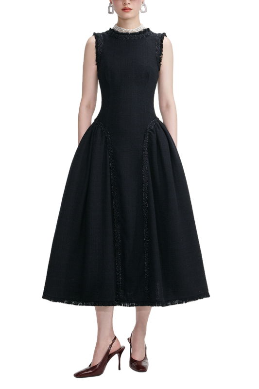 BLACK BOUCLE SLEEVELESS MIDI DRESS