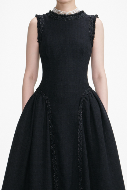 BLACK BOUCLE SLEEVELESS MIDI DRESS
