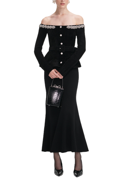 BLACK CHENILLE KNIT CRYSTAL TRIM MIDI DRESS