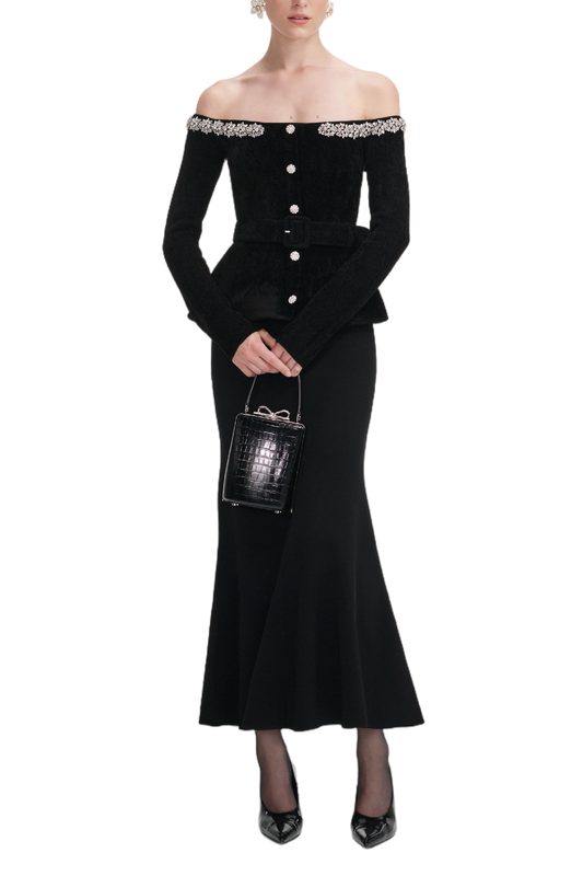 BLACK CHENILLE KNIT CRYSTAL TRIM MIDI DRESS