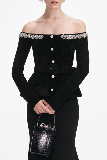 BLACK CHENILLE KNIT CRYSTAL TRIM MIDI DRESS