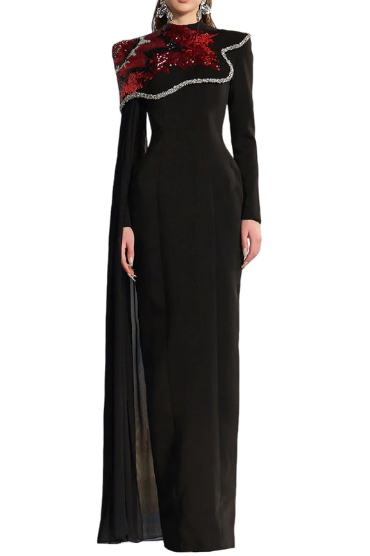 BLACK CREPE DRESS WITH RED SHOULDER DETAIL