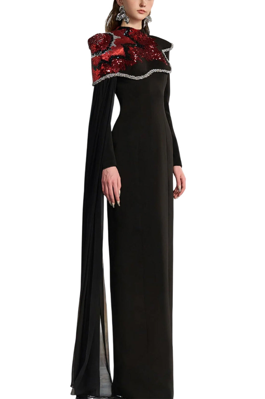 BLACK CREPE DRESS WITH RED SHOULDER DETAIL