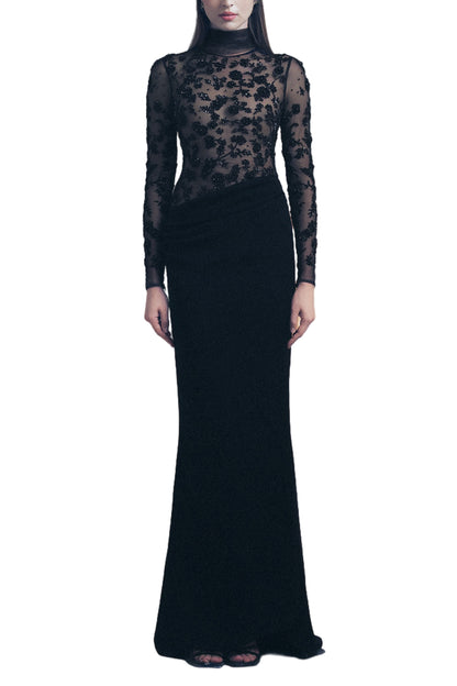 BLACK FITTED FLORAL GOWN