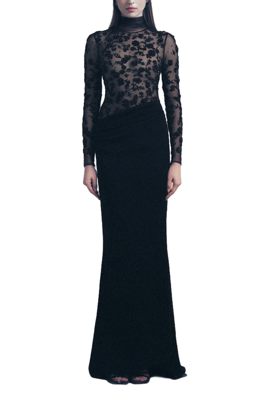 BLACK FITTED FLORAL GOWN
