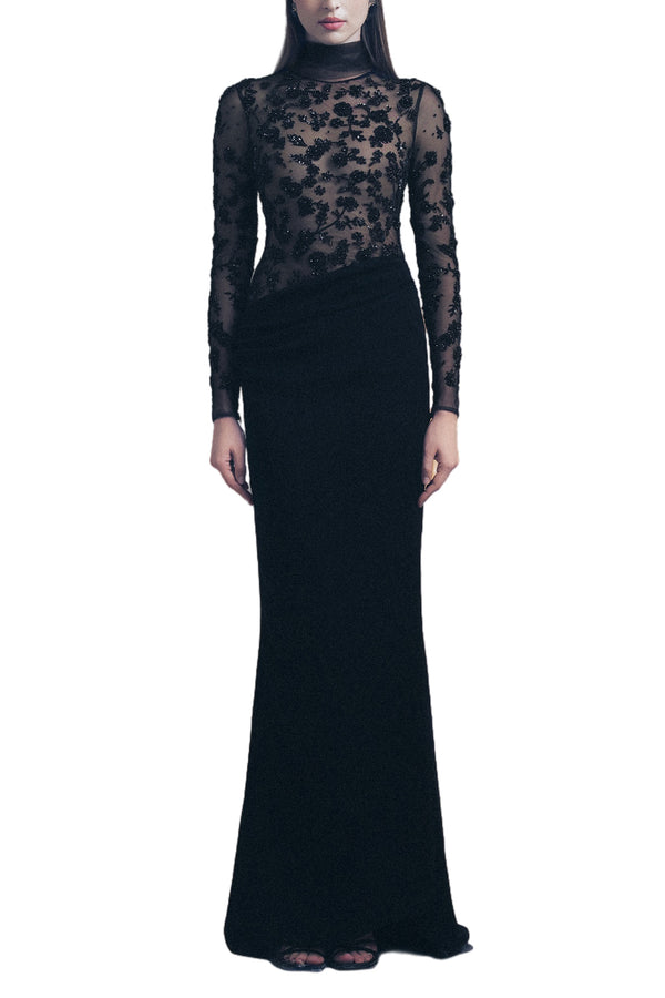 BLACK FITTED FLORAL GOWN