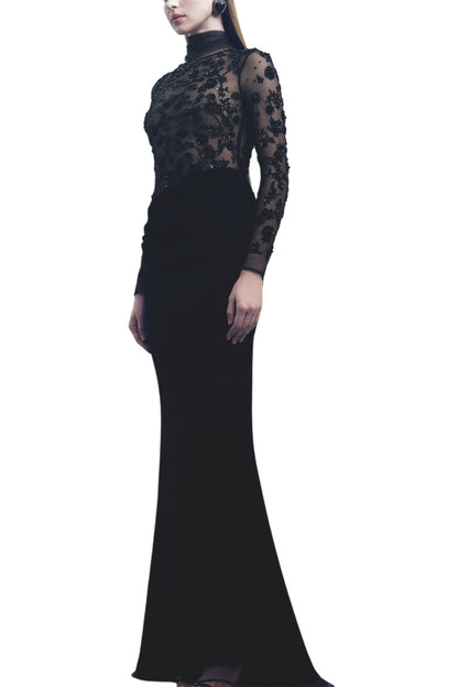 BLACK FITTED FLORAL GOWN