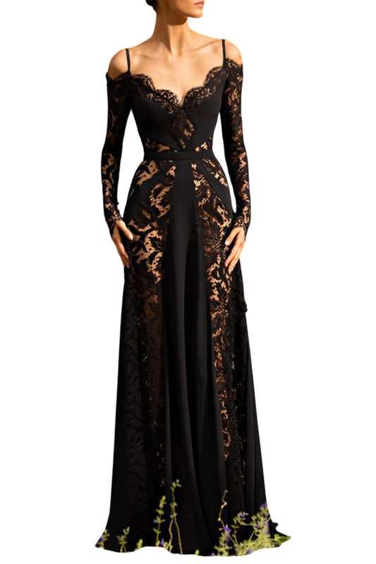 BLACK OFF SHOULDER LACE MIX SILK FLOWY GOWN