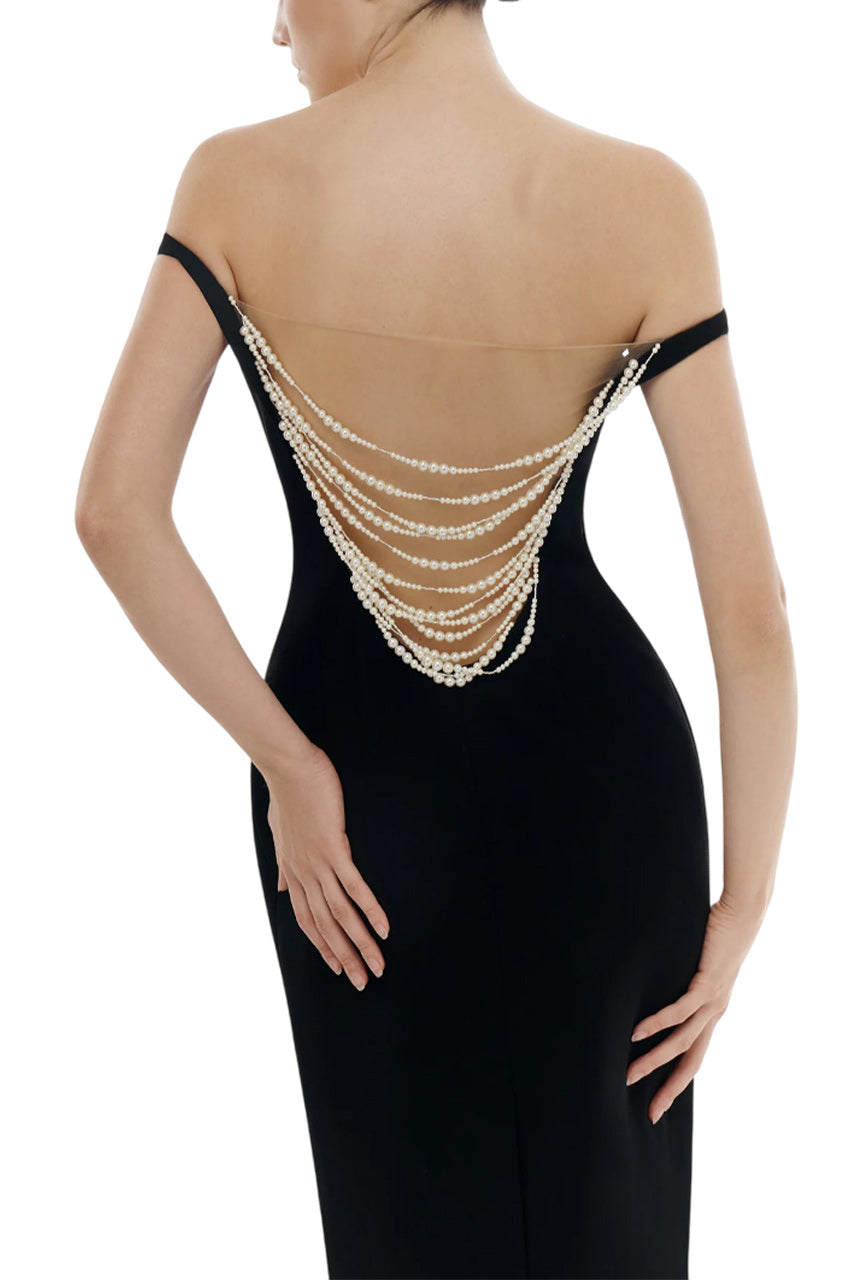 BLACK PEARL BEADED MAXI DRESS