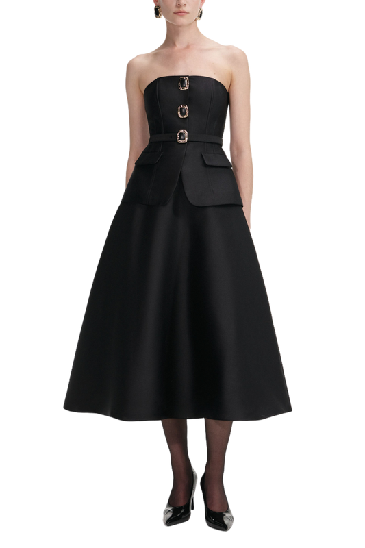 BLACK TAFFETA BANDEAU MIDI DRESS