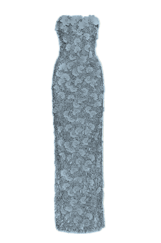 BLUE QUARTZ SEQUIN AND RAFFIA GOWN