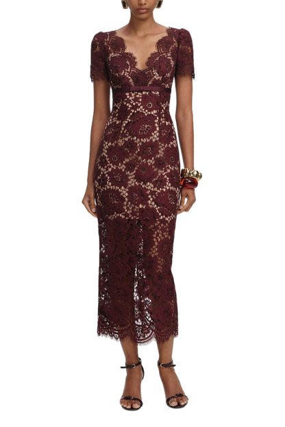 BURGUNDY FLORAL LACE MIDI DRESS