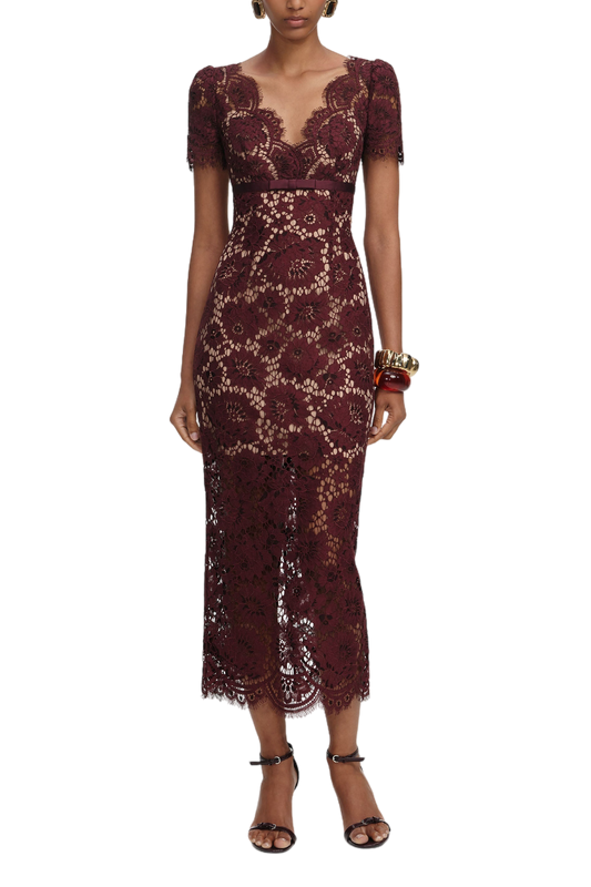 BURGUNDY FLORAL LACE MIDI DRESS