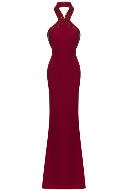 BURGUNDY HALTER NECK DRESS DECORATED WITH CRYSTALS