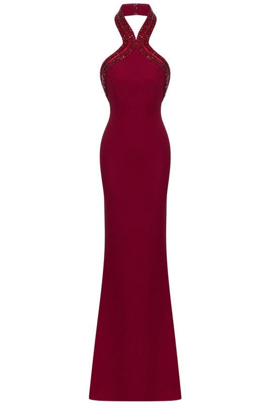 BURGUNDY HALTER NECK DRESS DECORATED WITH CRYSTALS