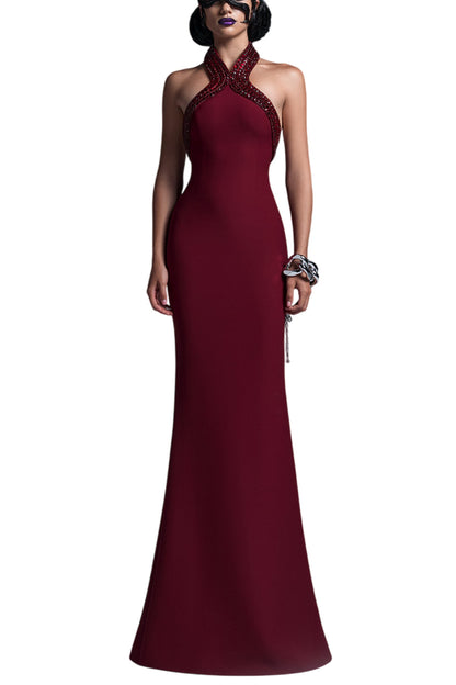 BURGUNDY HALTER NECK DRESS DECORATED WITH CRYSTALS