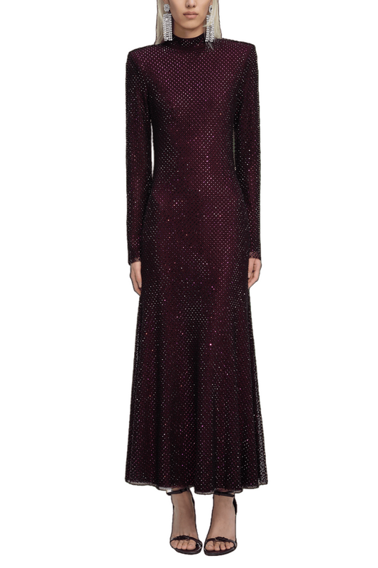 BURGUNDY RHINESTONE FISHNET MIDI DRESS