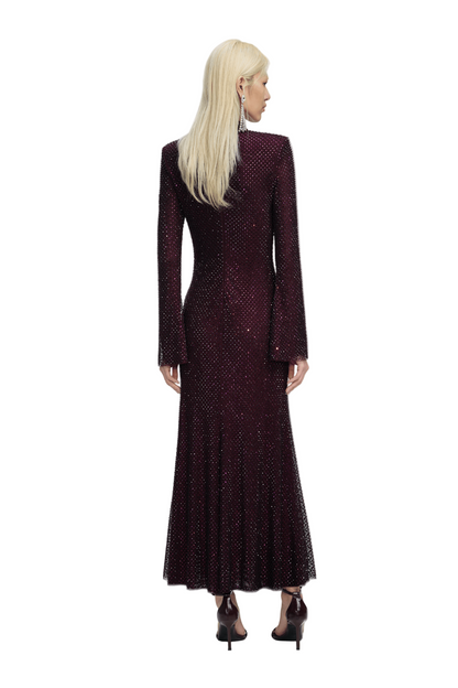 BURGUNDY RHINESTONE FISHNET MIDI DRESS