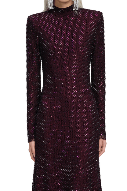 BURGUNDY RHINESTONE FISHNET MIDI DRESS