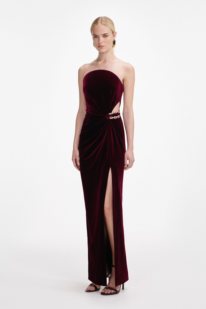 BURGUNDY VELVET BANDEAU MAXI DRESS