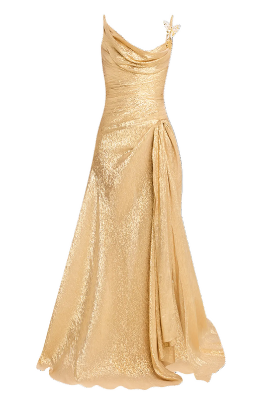 BUTTERFLY COWL-NECK LAME GOWN WITH SLIT