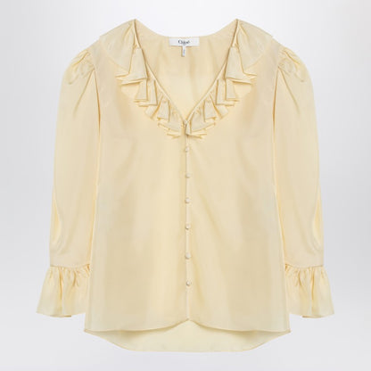 Light Yellow Blouse With Ruffles In Silk