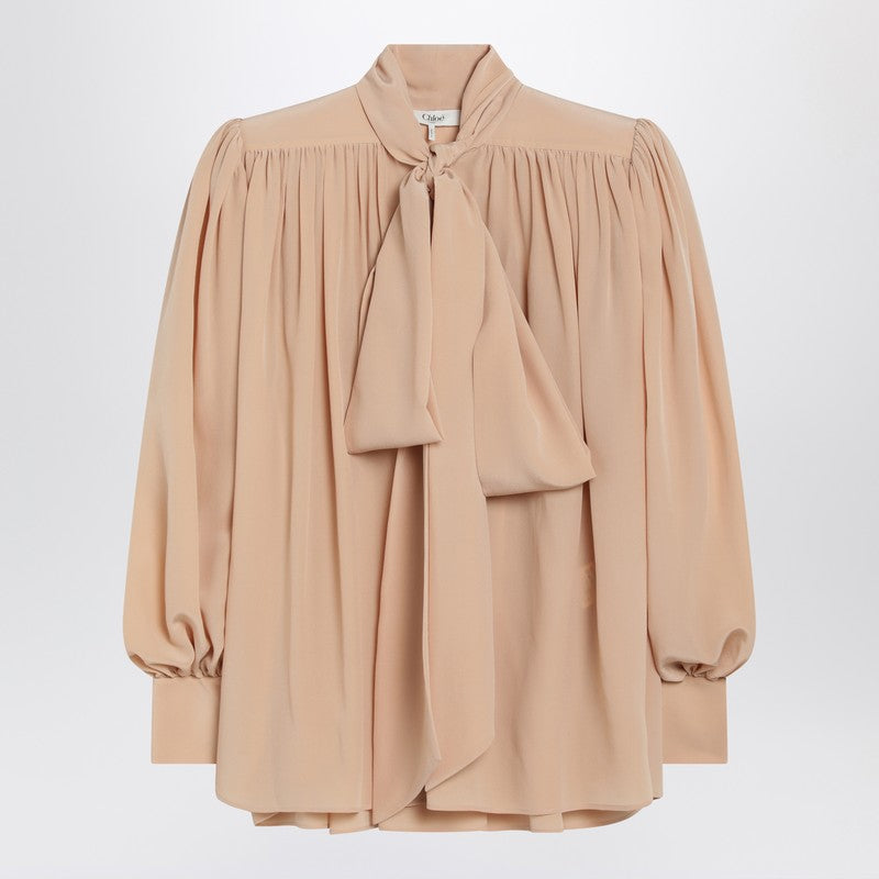Ruched sand-coloured blouse with lavallière tie