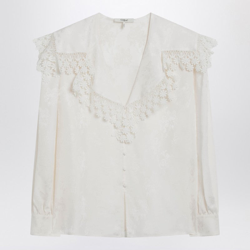 Jacquard and lace blouse with oversized collar