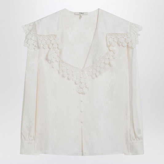 Jacquard and lace blouse with oversized collar