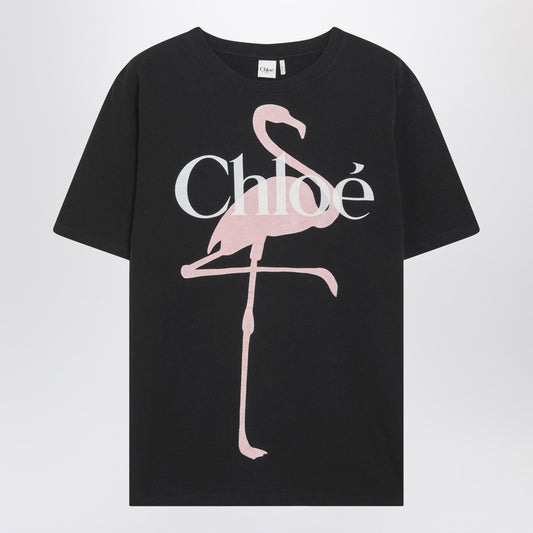 Black oversized T-shirt with logo and flamingo print