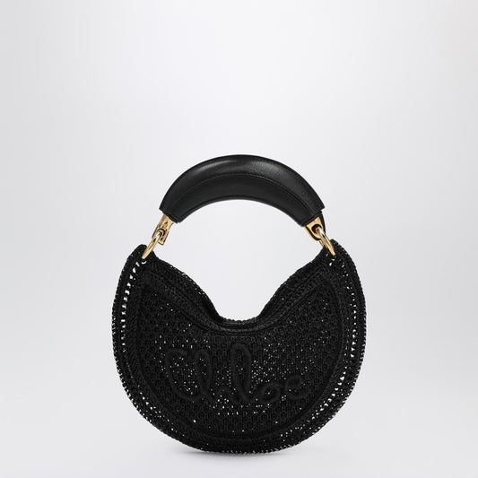 Mini Summer Banana hobo bag in black crochet with leather details