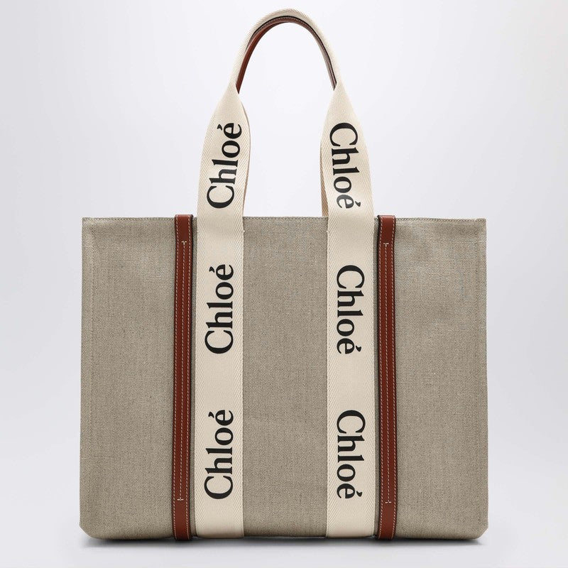 Large Woody tote bag in beige canvas