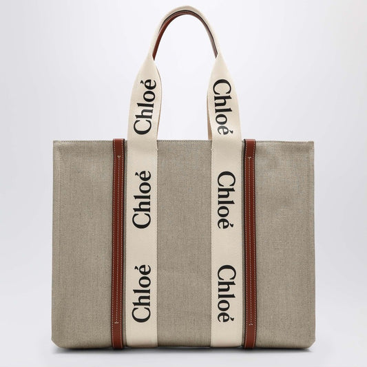 Large Woody tote bag in beige canvas