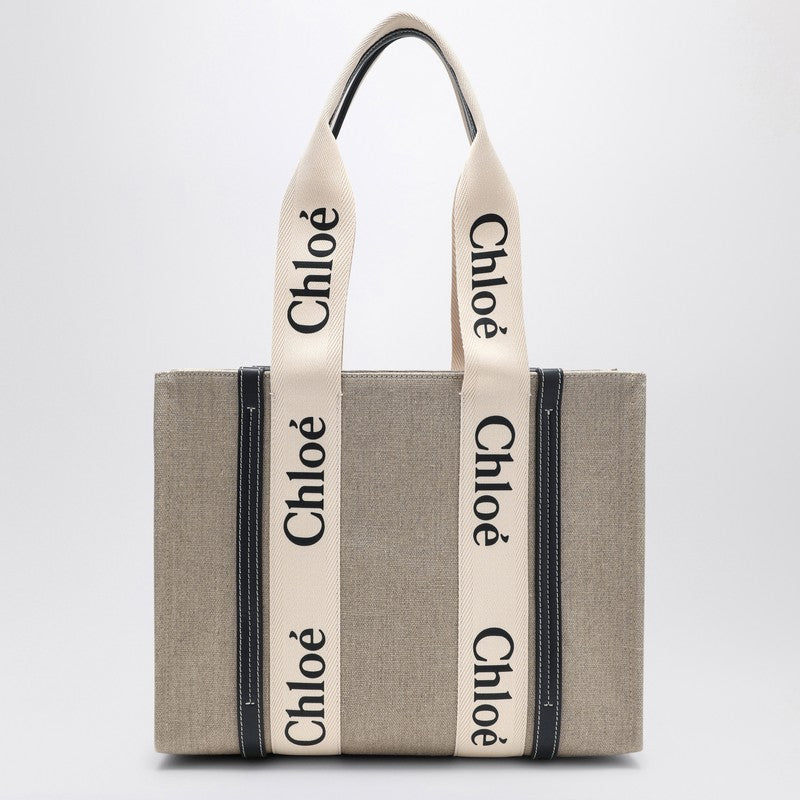 Medium Woody tote bag in beige canvas