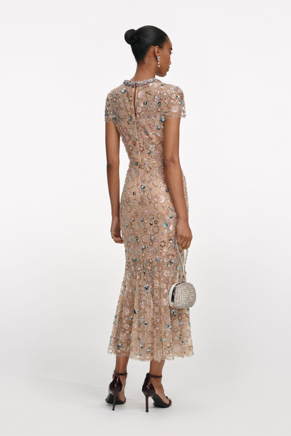 CHAMPAGNE SEQUIN EMBROIDERED MIDI DRESS