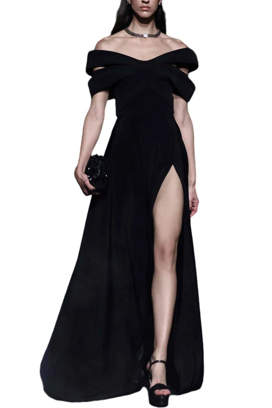 CREPE DRESS WITH STRUCTURED BOW-LIKE COLLAR AND SLIT