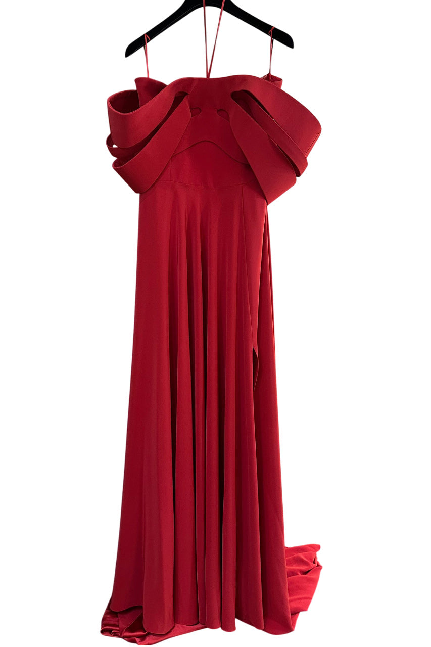 CREPE DRESS WITH STRUCTURED BOW-LIKE COLLAR AND SLIT